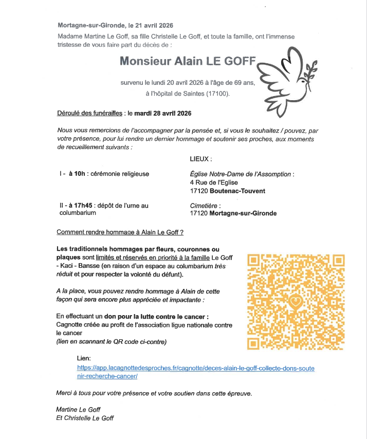 Faire-part du décès de Alain Le Goff